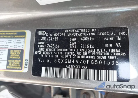 2015 Kia Optima Lx from USA, damaged, VIN 5XXGM4A70FG501595